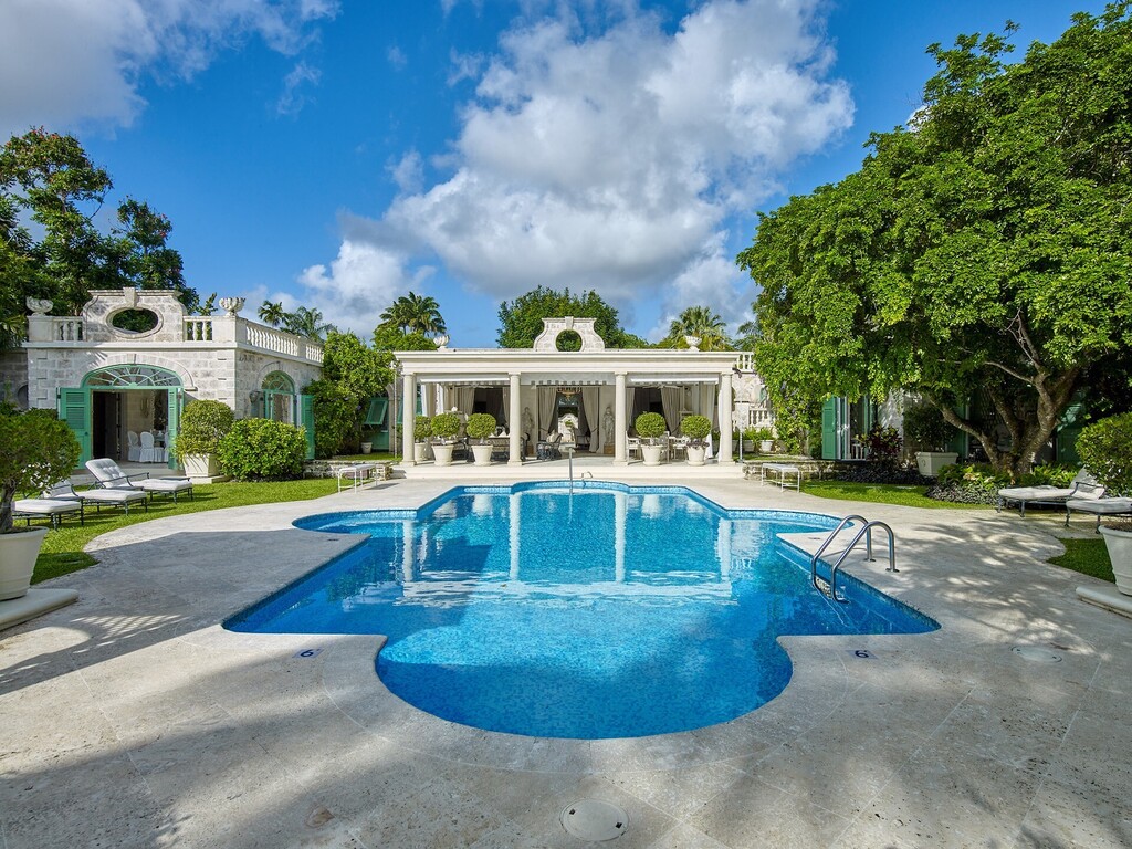 Pool and coral-stone pavilion at Leamington Pavilion, a luxury estate on the west coast of Barbados offered by Barbados Blue